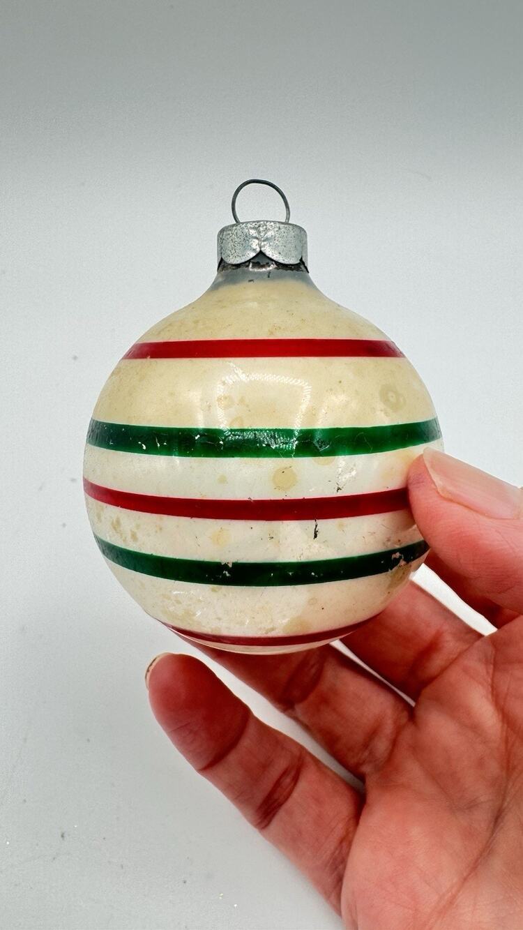 VTG Striped Made In USA Red Green MCM Mercury Glass Ornament 2.25”